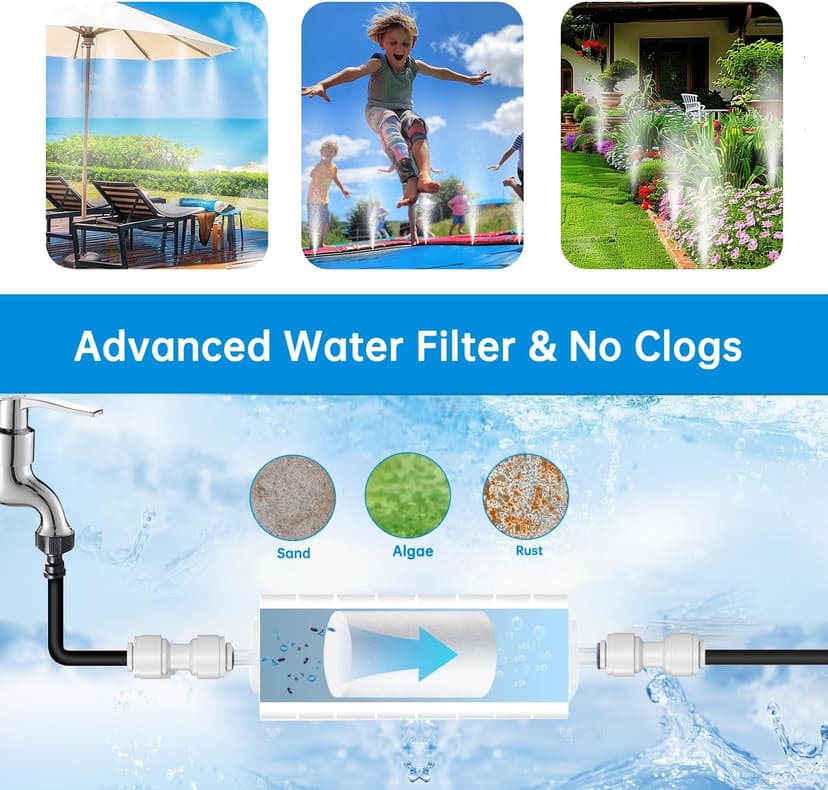 Misting Cooling System for Outdoor Patio & Garden - Brass Nozzles, UV-Resistant Tubing, DIY Installation - Water-Saving Backyard Mister for Greenhouse, Trampoline, Pool, BBQ Parties (50FT / 15M)