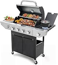 4 Burner Propane Gas Grill with Side Burner, Stainless Steel BBQ Grill 48,500 BTU for Outdoor Cooking Kitchen, Garden and Patio Backyard Barbecue, Black and Silver