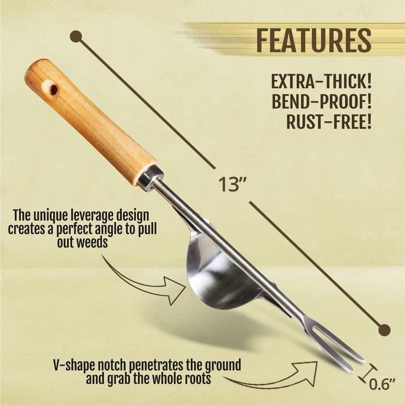 Betus Manual Hand Weeder - Bend-Proof Leverage Base for Super Easy Weed Removal & Deeper Digging - Sturdy Chrome Plated Steel - Compact Dandelion Weed Puller Tool for Yard Lawn and Farm