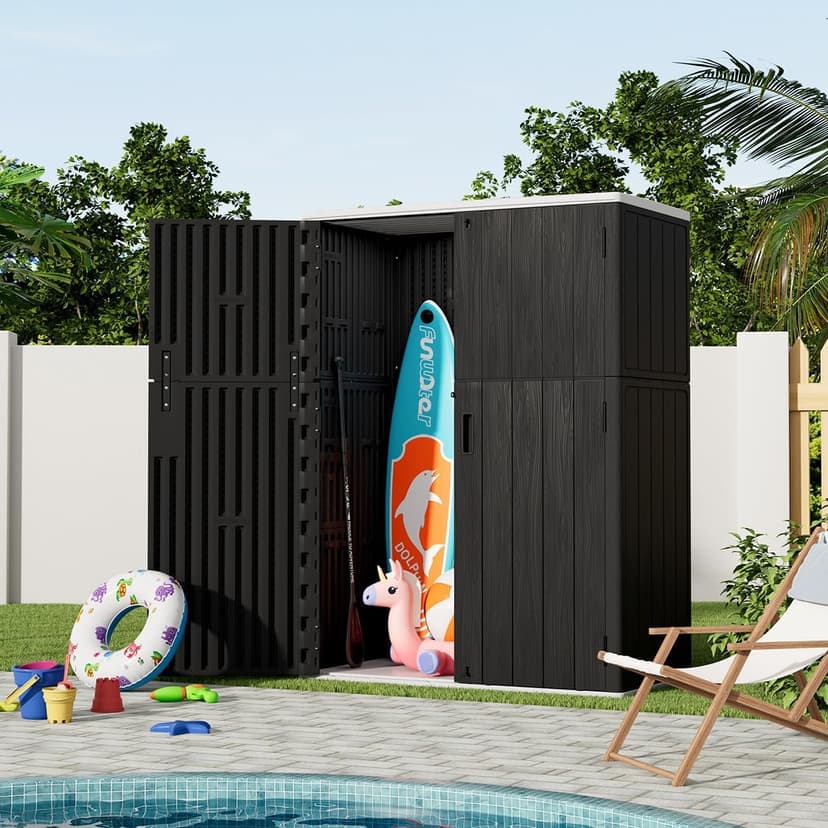 KINYING Outdoor Vertical Storage Shed,57 Cu.ft Outdoor Storage Cabinet Waterproof,Resin Sheds & Outdoor Storage Clearance for Garden,Patio,Backyard,Lockable (Black)