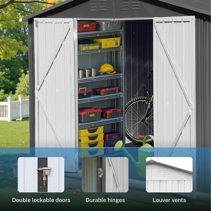 8' x 6' Outdoor Storage Shed with Base Kit, Sturdy Metal Building w/Lockable Doors for Garden, Backyard, Poolside and Lawn, Black