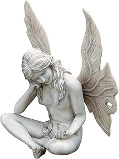Design Toscano Gazing Secret Garden Fairy Woman Statue Figurine, 7 inches wide, 10 inches tall, Cast Stone Resin, Antique Stone Finish