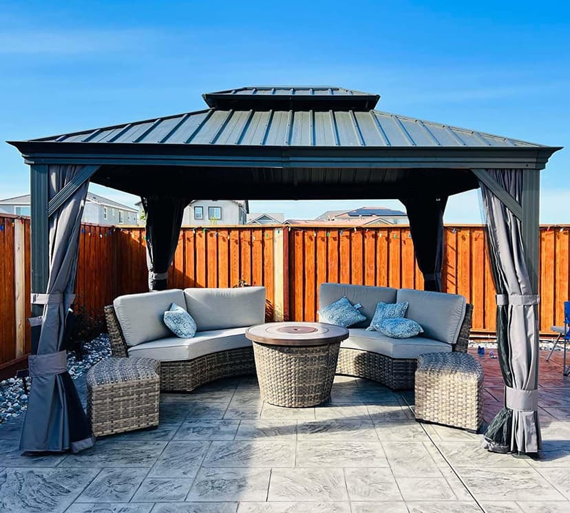 Domi 10' X 12' Hardtop Gazebo Outdoor Metal Gazebo with Galvanized Steel Double Roof Canopy, Aluminum Frame, Curtains and Netting for Patio, Deck, Garden, Grey