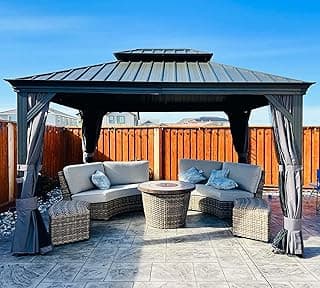 Domi 10' X 12' Hardtop Gazebo Outdoor Metal Gazebo with Galvanized Steel Double Roof Canopy, Aluminum Frame, Curtains and Netting for Patio, Deck, Garden, Grey