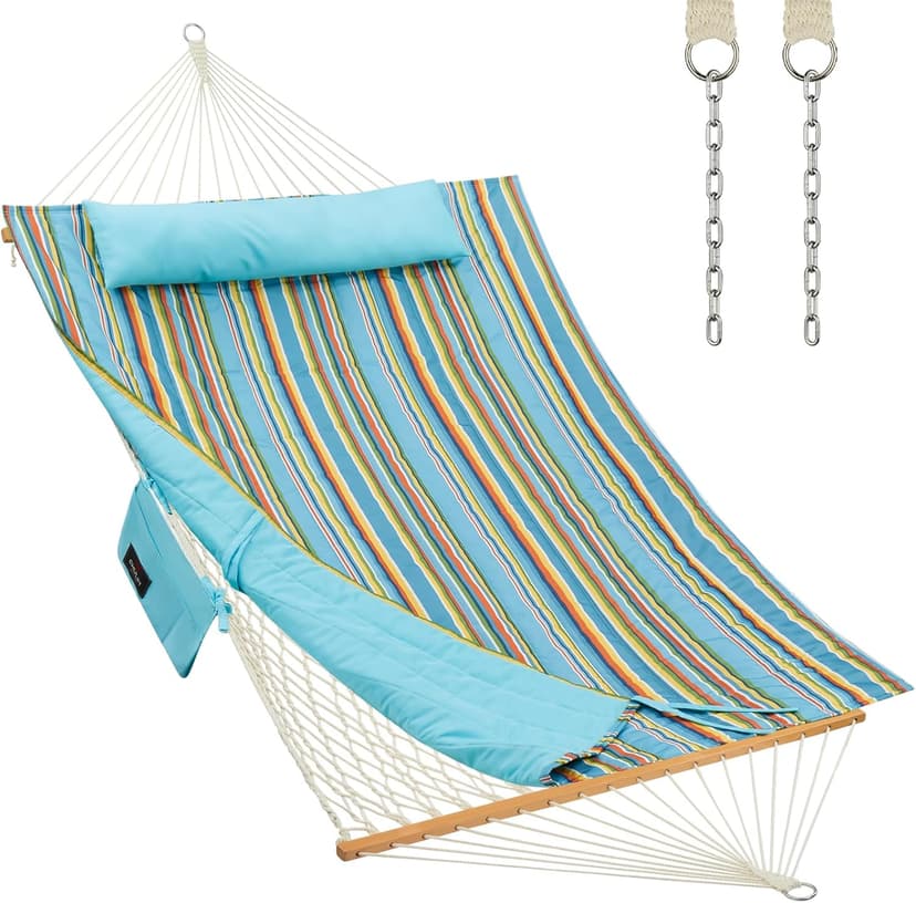 Outdoor Double Hammock with Hardwood Spreader Bars, Cotton Rope Hammock with Polyester Pad and Pillow, 475 LBS Capacity 2 Person Hammock, Large Hammock for Patio Backyard Poolside - Bule Stripe