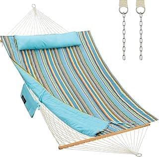 Outdoor Double Hammock with Hardwood Spreader Bars, Cotton Rope Hammock with Polyester Pad and Pillow, 475 LBS Capacity 2 Person Hammock, Large Hammock for Patio Backyard Poolside - Bule Stripe