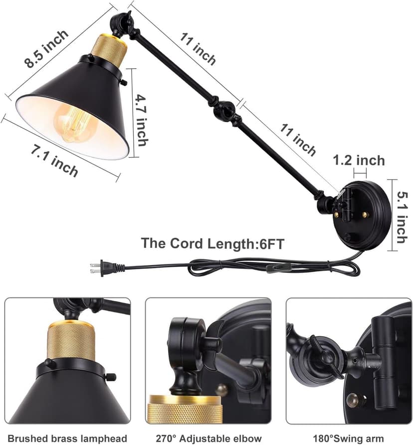 TRLIFE Wall Sconce Plug in, Dimmable Wall Sconce with Switch Swing Arm Wall Lights Plug in Wall Mounted Light Wall Sconces Lighting with 6FT Plug in Cord, E26 Base, UL Listed(Two Arms, 1 Pack)