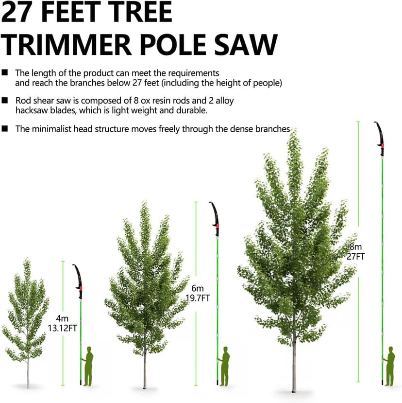 7-27 Feet Extendable Pole Saw for Tree Trimming – Manual Branch Trimmer with Long Handle, Storage Bag, and Green Design – Perfect for Pruning and Cutting High Branches.