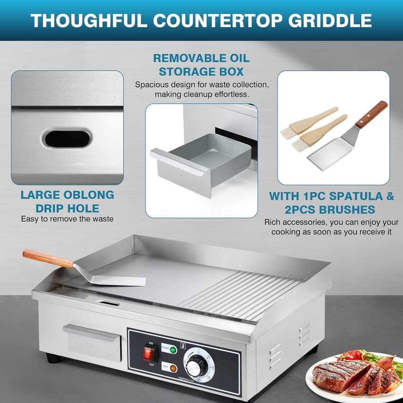 IRONWALLS Electric Griddle Nonstick 22 Inch, 1600W Stainless Steel Commercial Griddle for Indoor & Outdoor, 2-IN-1 Half Flat Top Griddle Grill for Restaurant & Home, 122℉-572℉ Adjustable Temperature
