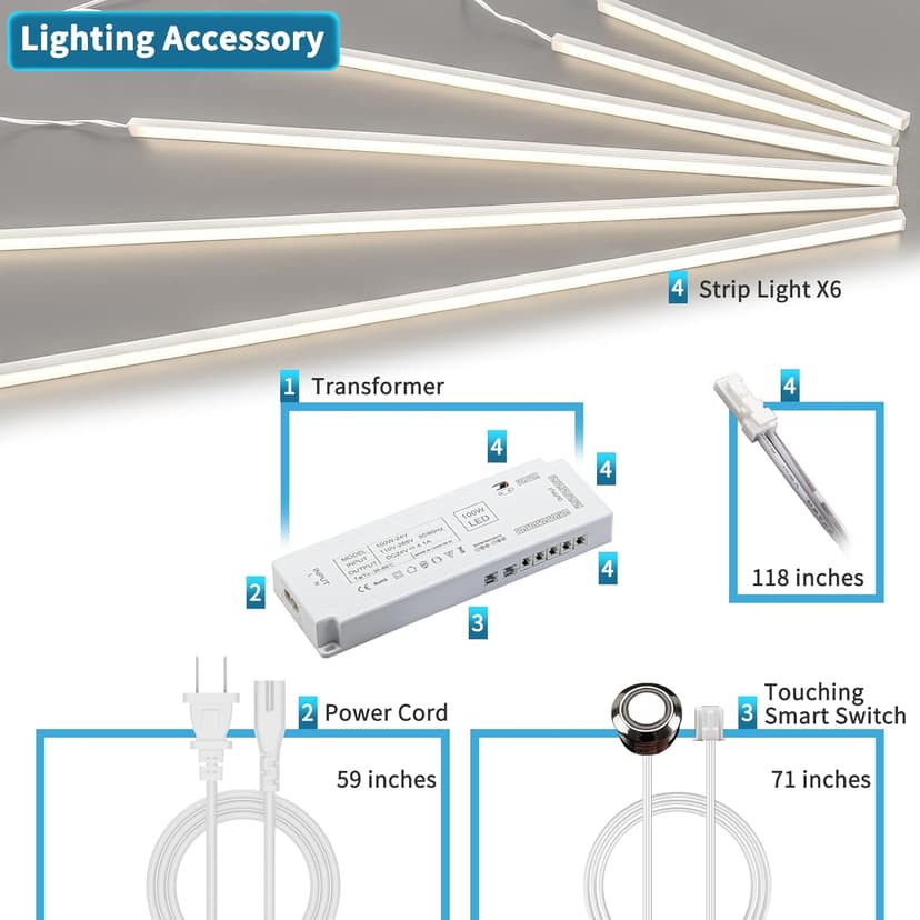 Art3d LED Recessed Lighting Kit - 6pcs Self-adhesive White LED Light with Smart Switch, 3000k Touching Switch Light for Wood Slat Wall Panels, Headboards, Stairs, Home decor, Under Cabinet Strip Light