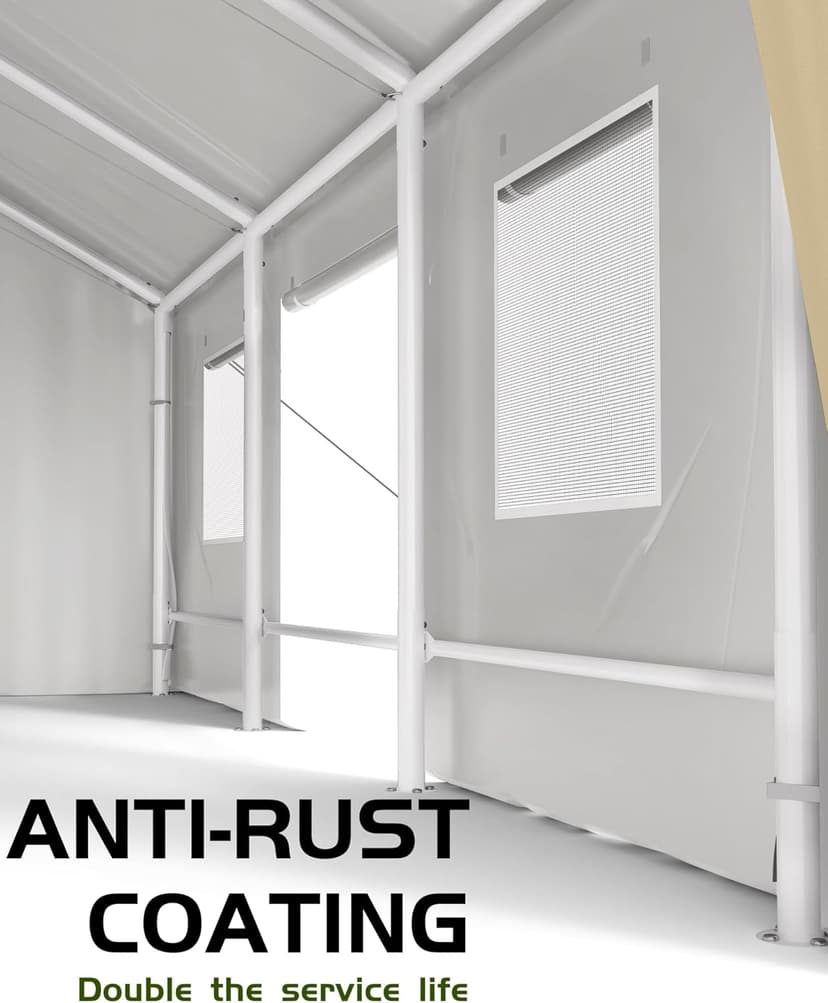 10'x20' Windproof Carport Heavy Duty, Portable Garage with 4 Roll-Up Doors, 4 Mesh Windows, 180g PE Top Cover, and Reinforced Frames, for Full-Size Sedans, Bass Boats, and SUVs, Khaki