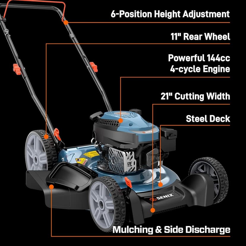 SENIX 144 cc Gas Lawn Mower, 21 inch 2-in-1 Push with Mulching and Side Discharge, 4-Cycle Engine, 6 Position Cutting Height Adjustment for Yard and Garden (LSPG-L6)