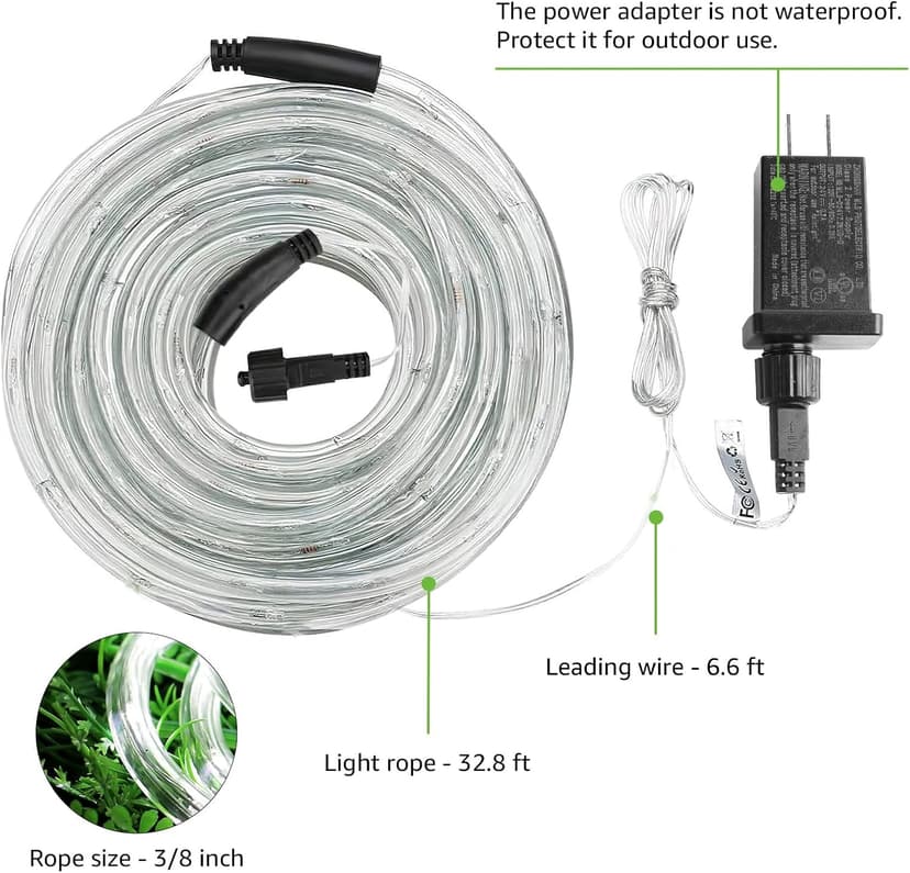 LE 33ft 240 LED Rope Lights Outdoor, Upgraded 2700K Warm White, 24 Volts Connectable, Classic 3/8 inch Clear Tube, Waterproof String Lights for Outside Patio Deck Railing Stair Fence Yard Landscape