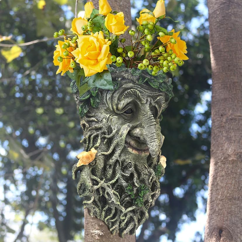 Tree Face Sculpture, Flower Planter Pot Hand-Painted Greenman Tree Face Garden Decoration for and Home Décor