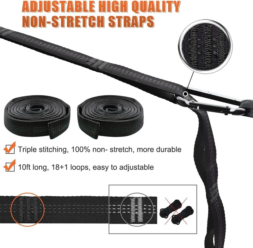 Gold Armour Hammock Straps XL Combined 20 Ft Long, 36 Loops with 2 Carabiners - Must Have Camping Hammock Accessories & Gear to Hang Camping Hammocks (Black with Black Stitching)