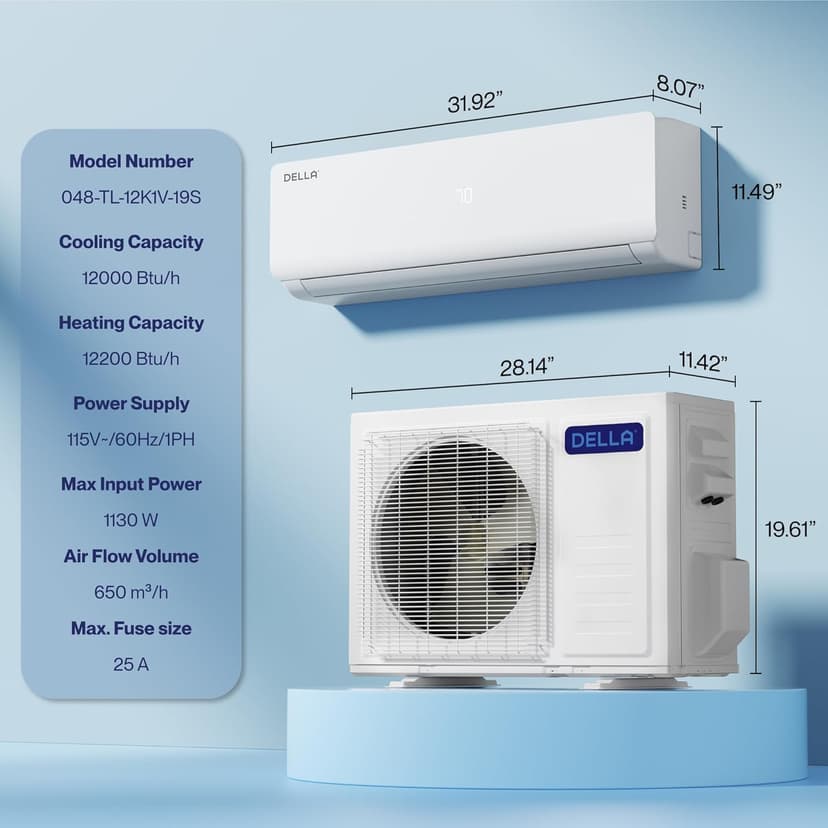 DELLA Vario 12000 BTU Mini Split Air Conditioner Work with Alexa 19 SEER2 Cools Up to 550 Sq.Ft Energy Efficient Ductless Inverter System, Heat Pump Pre-Charged and 16.4ft Installation Kits