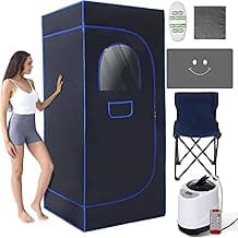 Portable Sauna Box for Home Steam Sauna Home Sauna Tent Sauna Box Include 2.6L 110V Steamer, Folding Chair, Remote Control Black and Blue 2.6’x 2.6’x 5.9’