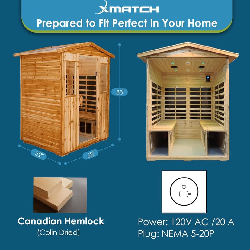 Saunas 904V Far Infrared Sauna, Outdoor Wooden Dry Sauna Low EMF (Hemlock Wood, 4-Person Size)