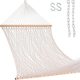 Lazy Daze Hammocks 12FT Double Rope Hammocks, 2 Person Hand Woven Cotton Hammock with Spreader Bar for Outdoor, Indoor, Patio, Poolside, FIT 13-15 Foot Stand, Max 450 Lbs, Natural, 141 x 57 inches