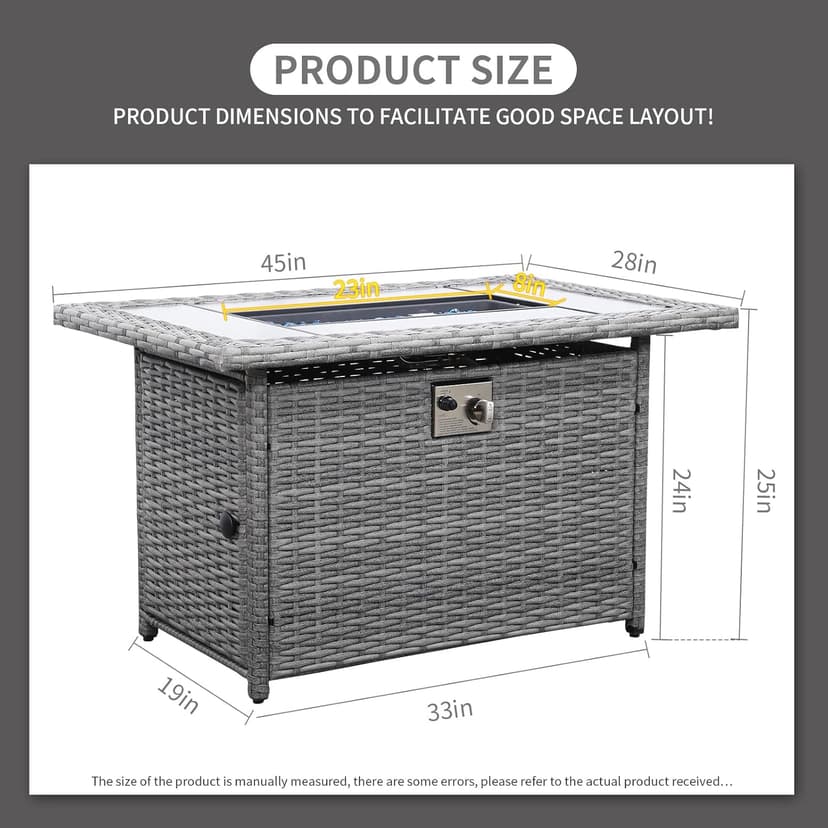 60000 BTU Wicker Gas Fire Pit Outdoor Fire Pit Table 45 Inch Fire Pits for Outside with Woodgrain Marble Tabletop Fire Pit Cover and Blue Crystal Beads