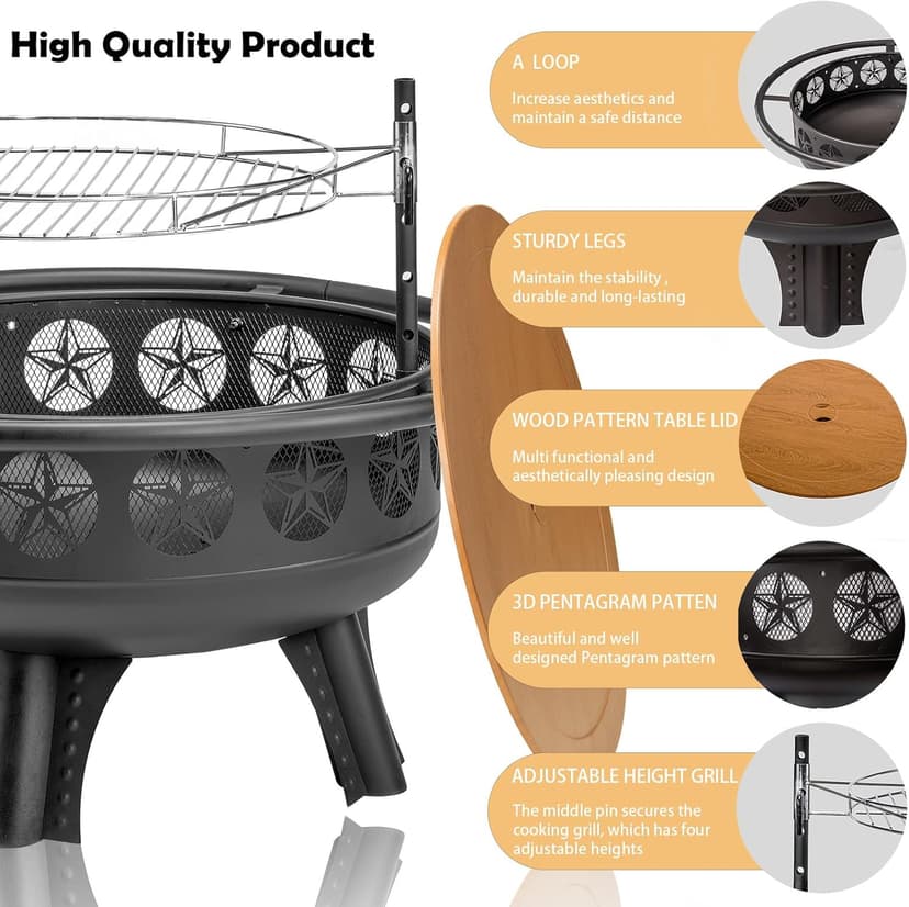 3-in-1 Fire Pit with Swivel Cooking Grate, 32 Inch Wood Burning Firepit with Grill, Outdoor Fire Pits Table with Metal Lid and Poker for Outside Patio Backyard BBQ Bonfire Camping (Black)