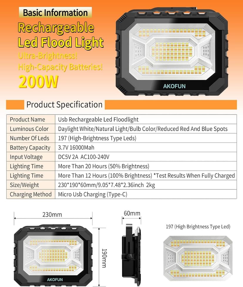 200W LED Solar Work Light Rechargeable, 16000LM Magnetic Worklight 3000K/4500K/6500K, 16000mAh Battery, IP66 Waterproof Portable Solar Outdoor Working Light for Emergency, Camping, 2 Pack