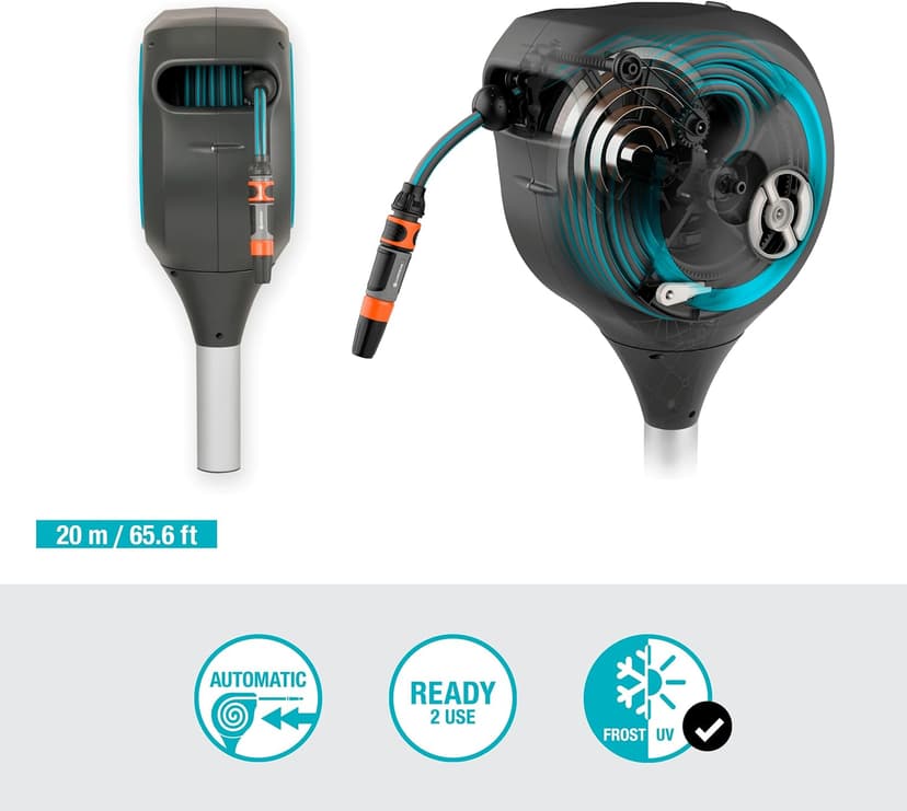 GARDENA (18614-80) 66' x 1/2" Automatic Retractable Garden Hose Reel on Metal Spike, 66' Outside Garden Hose Length, with 360° Rotation to Reach All Areas of Your Yard