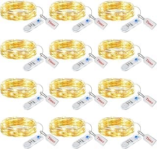 Minetom 12 Pack Fairy Lights Battery Operated String Lights with Timer - 7ft 20 LED Waterproof Silver Wire Firefly Lights Waterproof for DIY Crafts Wedding Décor Table Mason Jars Party