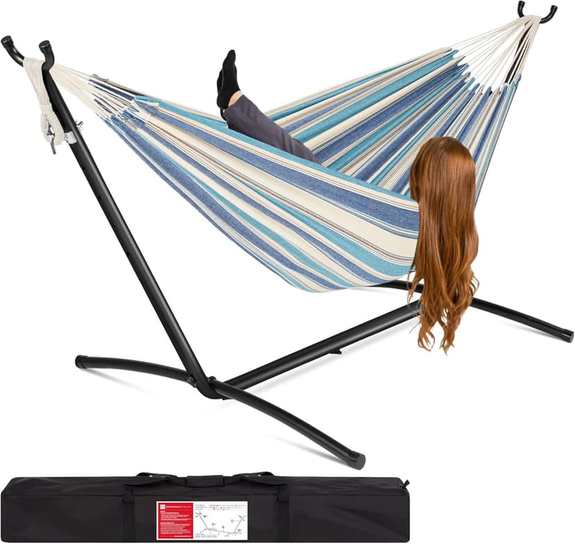 Best Choice Products Double Hammock with Steel Stand, Indoor Outdoor Brazilian-Style Cotton Bed w/Carrying Bag, 2-Person Capacity - Ocean