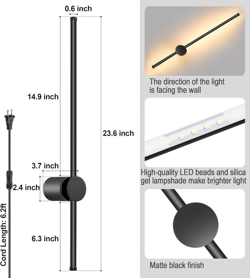 Wall Sconces Set of Two with Remote, Stepless Colors 3000K-6500K & Stepless Dimming, Hardwire or Plug-in, 180° Rotate, LED Black Plug in Wall Sconces with Timer & Night Light, 23.6 Inches