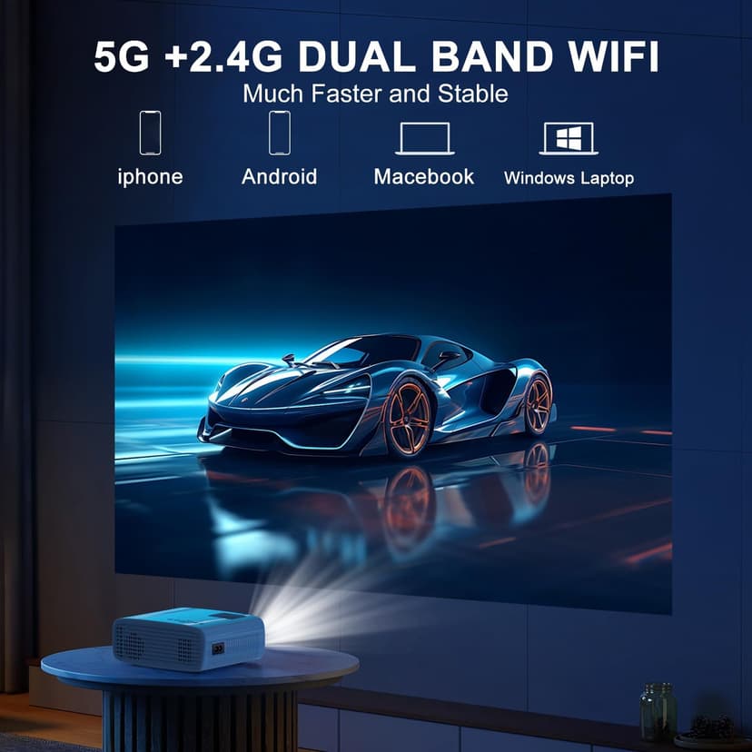 TMY Projector with WiFi and Bluetooth, Native 1080P Mini Projector, Portable Projector wirh 50% Zoom, Compatible with TV Stick/Phone/PC/DVD/HDMI/USB/TF, Movie Projector for Home Bedroom