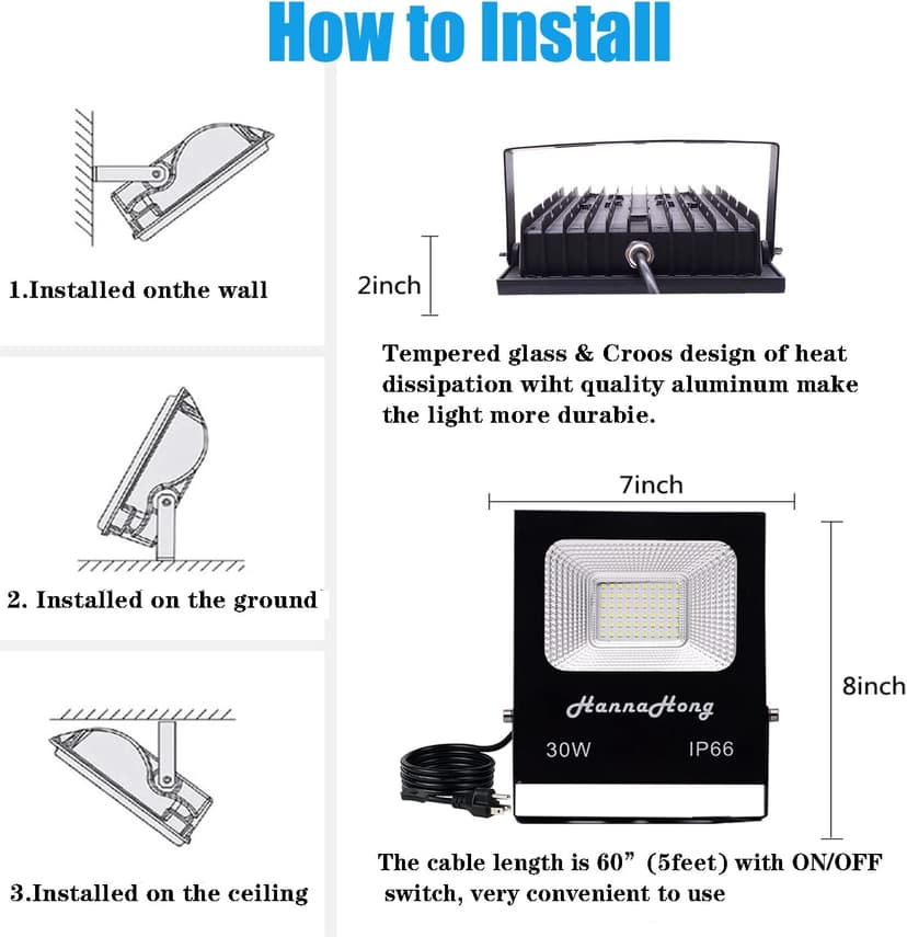 HANNAHONG 30W LED Flood Light Plug in with ON/Off Switch,Cool White,Bright Security/Work/Plant Grow Outdoor,IP66 Waterproof,Reflector Exteriore Spotlight Porch,Garage,Patio,Yard,Garden