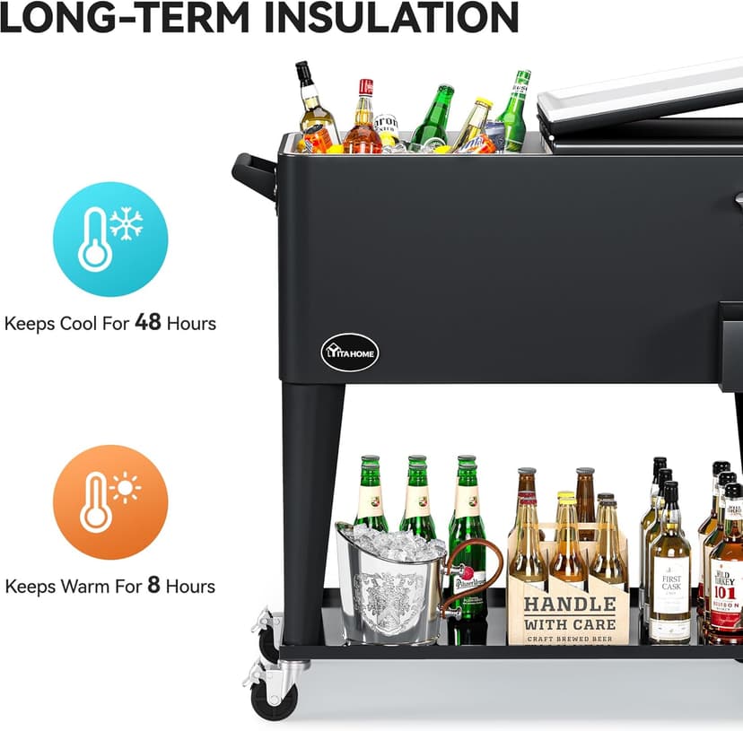 YITAHOME 80 Quart Patio Cooler Cart with Bottle Opener Drainage, Portable Rolling Beverage Cart for Pool Deck Party Cookouts