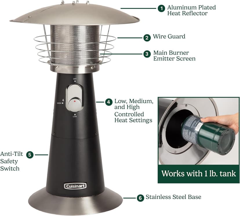 Cuisinart COH-500 Portable Tabletop Patio, 11,000 BTU Outdoor Propane Heater with Safety Tilt Switch and Burner Screen Guard, 100 sq. Foot Heat Range, Black
