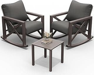 UDPATIO Outdoor Rocking Chair Set 2 with Coffee Table, 3 Piece Metal Patio Furniture Set with 6.5" Water-Resistant Cushions, Oversized, 350lbs Heavy-Duty, for Porch, Patio, Balcony, Dark Grey