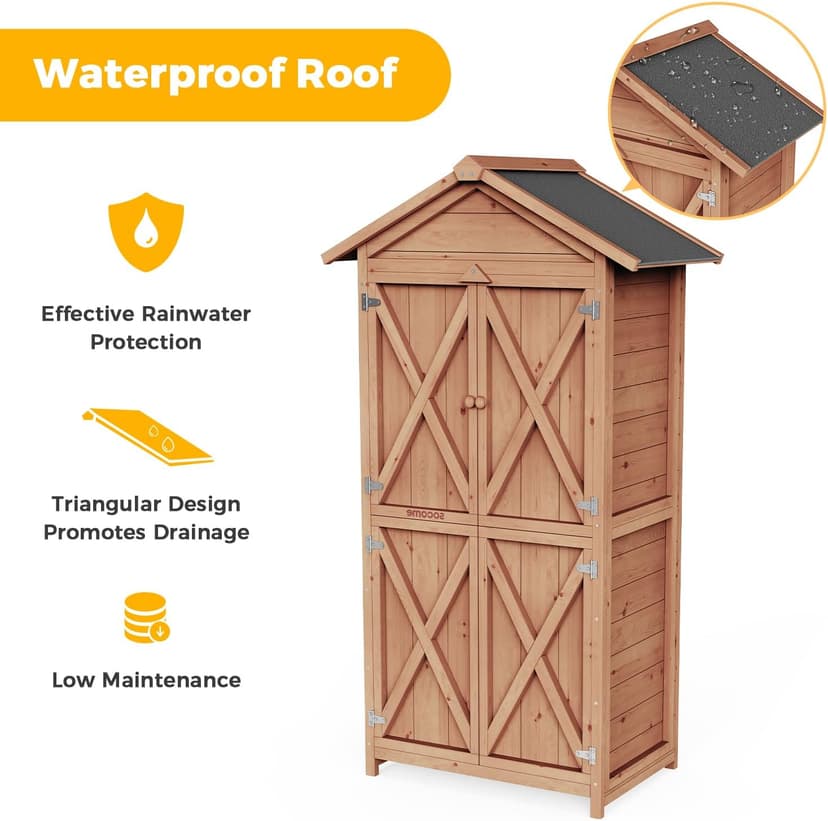 66" Outdoor Storage Shed with Double Doors, Large Wooden Capacity Storage Tool Cabinet Box with Waterproof Roof, Garden Wood Tool Shed for Yard Deck Lawn Farmland (Cherry)