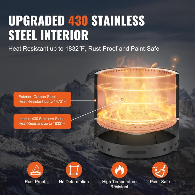 VEVOR 28 inch Smokeless Fire Pit Stove Bonfire, Wood Burning Fireplaces with Removable Ash Pan, SUS430 Stainless Steel Inner Portable Outdoor Firepit,for Outdoor Patio Camping High 17 inch