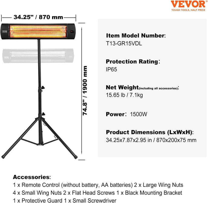 VEVOR Infrared Heater, 1500W Remote Control Electric Space Heater, LED Screen Patio Heater w/ 3 Speeds & Timer, Outdoor/Outdoor for Porch,Dining Room,Studio, with Stand & Mount to Ceiling/Wall,34in L