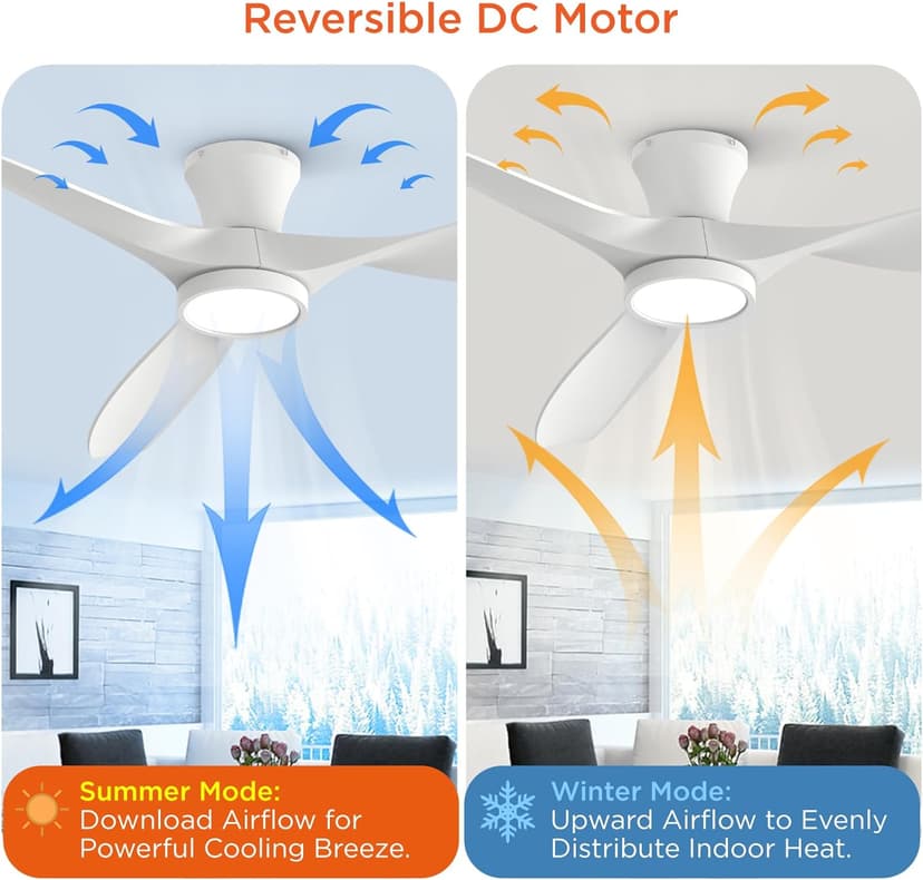 TALOYA 52 inch Ceiling Fans with Lights Remote Control, Modern Low Profile Ceiling Fan with Quiet Reversible DC Motor for Bedroom Living Room and Patio White