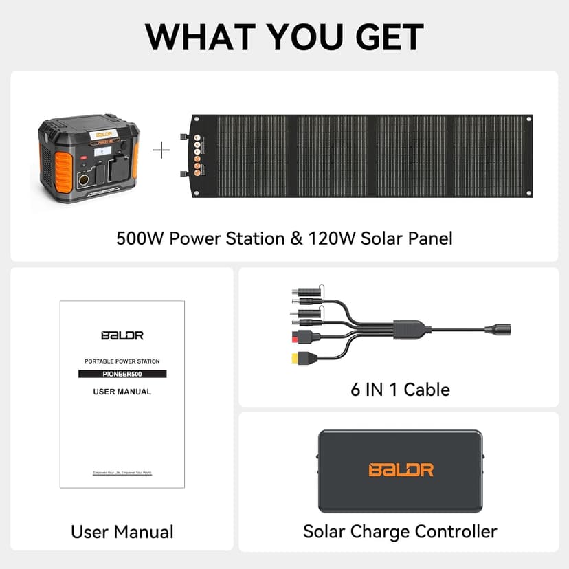 BALDR Portable Solar Generator, 500W Portable Power Station with Foldable 120W Solar Panel Included Ideal for Home Backup, Emergency, Outdoor Camping.