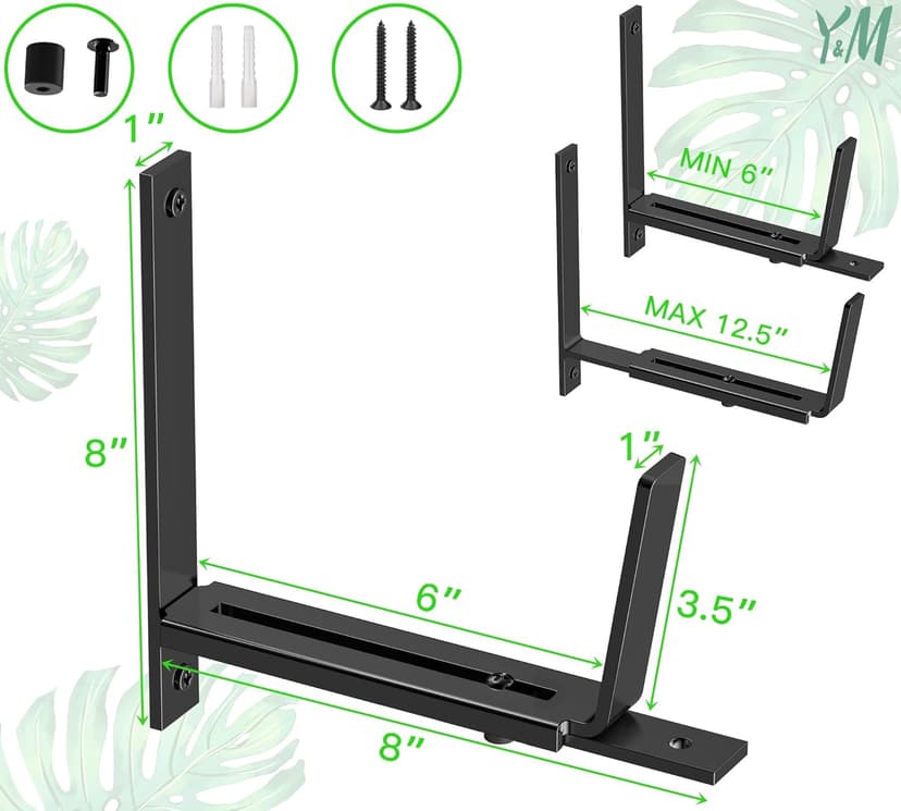 Y&M 2 Pack Adjustable Planter Box Brackets (6 to 12.5 in), Universal Window Box Brackets, Heavy Duty Iron Flower Box Wall Mounting Hooks for Balcony, Fences, Patio, and Garden - Black