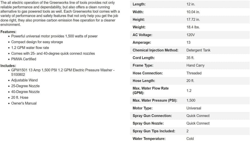 Greenworks 1500 PSI 1.2 GPM Pressure Washer (Upright Hand-Carry) PWMA Certified