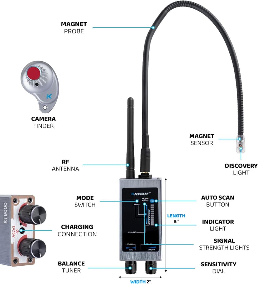 KT-9000 Premium Hidden Devices Detector by Knight Electronics - Hidden Camera Detectors RF Detector & Bug Detector | Hidden Camera Finder for GPS Tracking/Radio Frequency Signal Detection Anti Spy