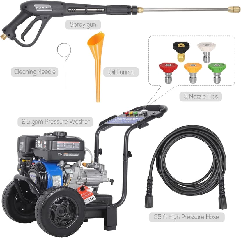 BILT HARD 3500 PSI 2.5 GPM Gas Pressure Washer, 224cc 4-Cycle Engine, Heavy Duty Gas Power Pressure Washer with Spray Gun and Wand, 5 Quick Connect Nozzle Tips, 3/5"×25' Hose, 49-State