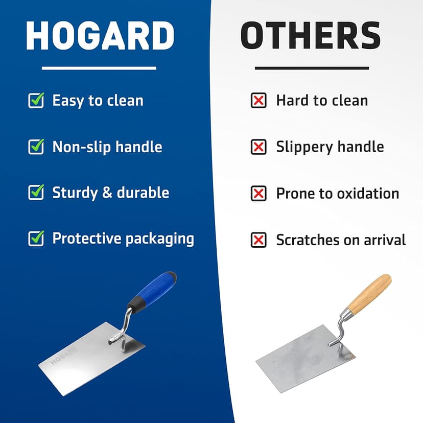 HOGARD 5 1/2" Margin Trowel Premium | Made of Stainless Steel | Flat Masonry Hand Trowel Tool with Soft Grip Handle | The Best Bucket Trowel Concrete Tool.