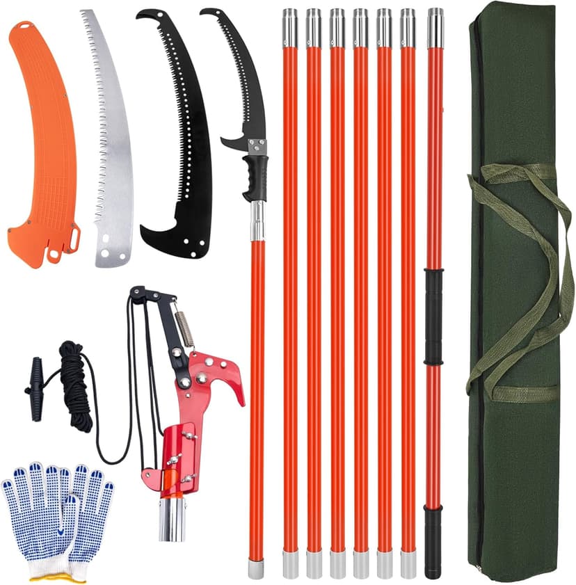 Pole Saws for Tree Trimming, 7.3-27 ft Manual Pole Saw Extendable Tree Trimmer, Long Branch Trimmer Tree Pole Pruner Saw Blades and Scissors Set for Pruning Palms and Shrubs (Red)