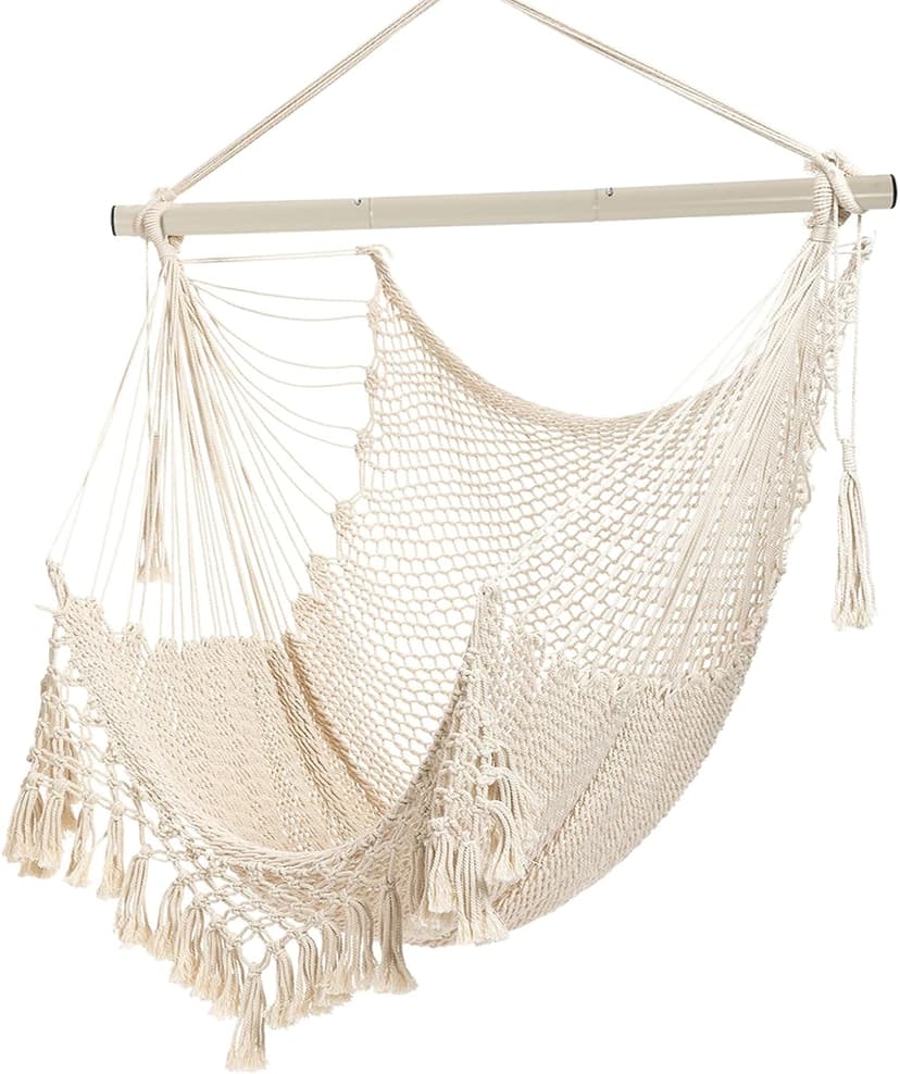 Hammock Chair，Max 330lbs, Large Hanging Chair, Soft Cotton Rope Swing Chair with High Load-Bearing Metal Rod,Indoor Outdoor Garden Yard Living Room Use Beige
