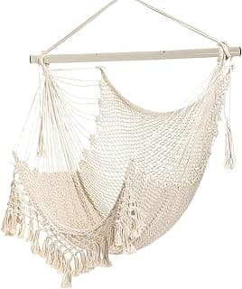 Hammock Chair，Max 330lbs, Large Hanging Chair, Soft Cotton Rope Swing Chair with High Load-Bearing Metal Rod,Indoor Outdoor Garden Yard Living Room Use Beige