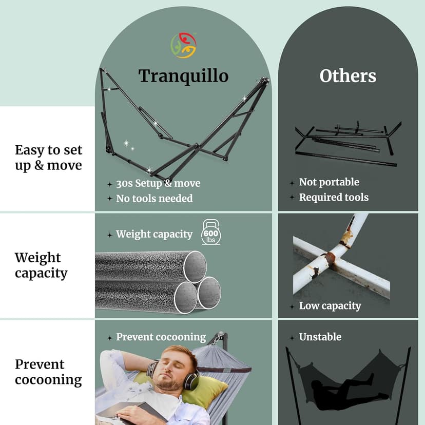 Tranquillo Double Hammock with Stand Included for 2 Persons/Foldable Hammock Stand 600 lbs Capacity Portable Case - Inhouse, Outdoor, Camping, Grey