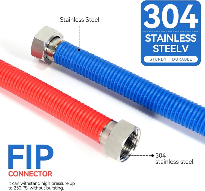 24Inch Flexible Stainless Steel Corrugated Water Heater Connector,1/2"FIP x 1/2"FIP,Flexible Water Heater Hose,Hot and Cold Color Code,304 Stainless Steel Connector and Pipe,PE Protective Layer2Pack